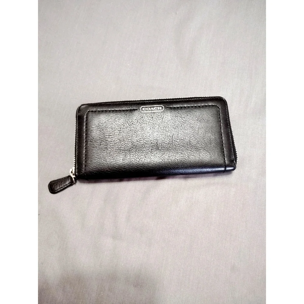 Coach Darcy Saffiano Blck Leather Accordion Zip Around Billfold Card Coin Wallet